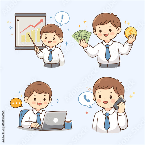 A cute, minimalist illustration set featuring a young vector businessman character in a modern chibi style. The character is shown in four different business and communication scenarios