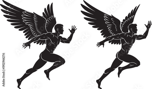 Silhouette of a winged athletic man running forward in motion, representing speed, freedom, and victory.