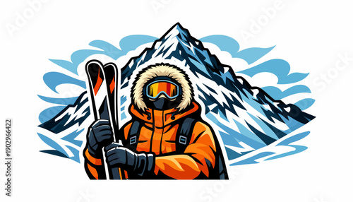 Skier in orange gear ready for action on snowy mountain