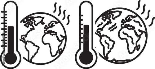 Two simple black and white icons illustrating global warming with a thermometer and the Earth