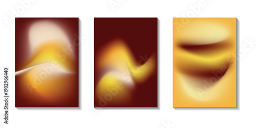 Set of luxury chocolate brown and golden abstract gradient backgrounds with smooth fluid waves for premium coffee branding, high-end chocolate packaging, and elegant autumn-themed marketing.