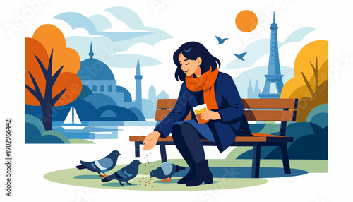 Woman enjoying coffee while feeding pigeons in urban park