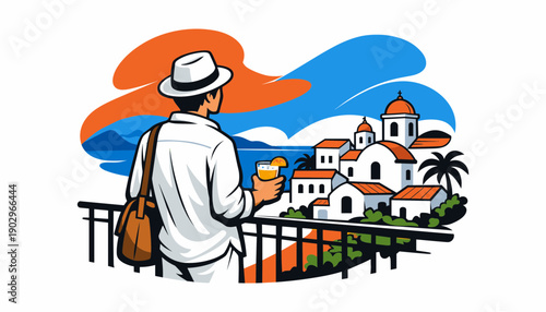 Man in white hat enjoying coastal town view with refreshing drink