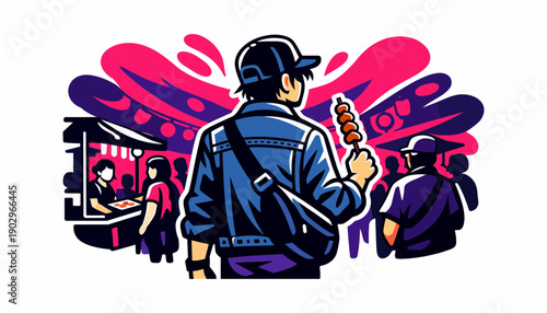 Man enjoying street food at vibrant market with colorful background