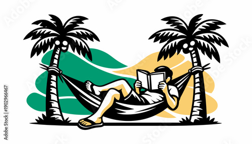 Man relaxing in hammock between palm trees reading book