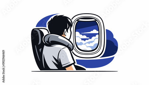 Passenger looking out airplane window at fluffy white clouds