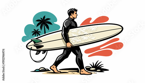 Man in wetsuit walking on beach with surfboard
