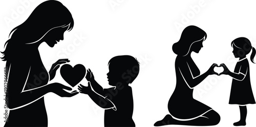 Mother and child silhouettes forming hearts together in tender moments of love and affection outdoors
