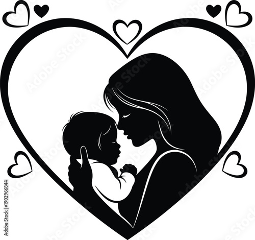 Mother tenderly kissing her infant child surrounded by hearts in a heart-shaped frame, showcasing love and affection in a serene silhouette illustration