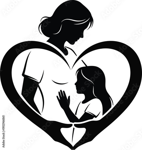 A mother and daughter silhouetted in a heart shape, symbolizing love and connection between family members in a simple illustration