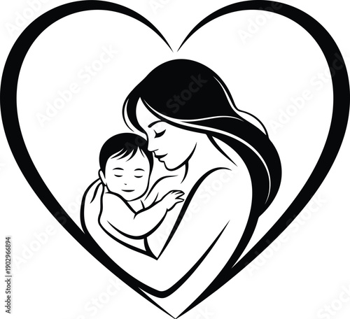 A mother tenderly embracing her baby within a heart-shaped outline, symbolizing eternal love and care