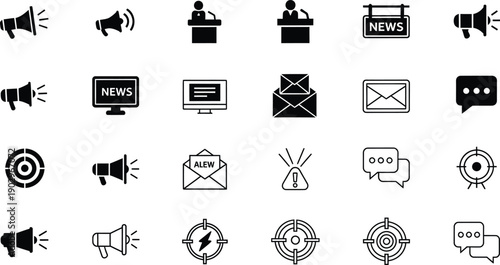 News and announcement icons: megaphone, computer, speech bubble, target, alert, email