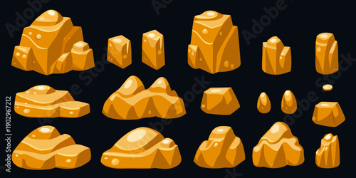 Stylized golden rock formations and mineral shapes on a black background