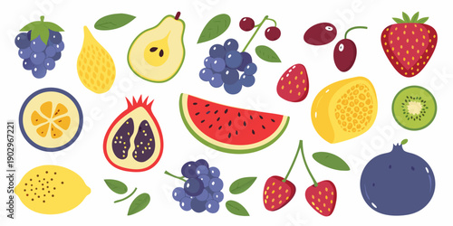 Colorful assortment of various fruits in a flat illustrative style