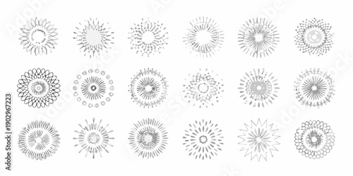 Collection of ornate circular floral and geometric designs in grayscale