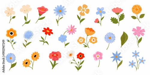 Colorful assortment of stylized floral illustrations on a white background