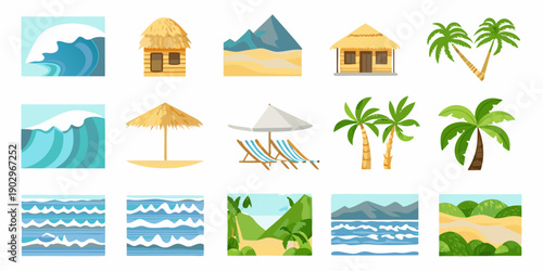 Collection of colorful cartoon icons depicting various tropical vacation scenes