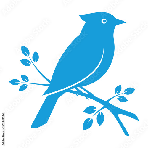 A simple blue bird silhouette perched on a branch with leaves.