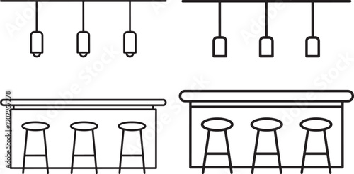 Set of two black and white line art icons depicting bar counters with stools and pendant lights