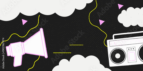 A retro boombox and megaphone illustration against a dark abstract background