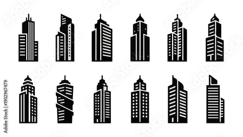 Skyscraper Tower Logo Collection, Flat Monochrome Vector Set