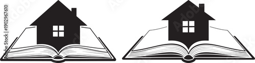 Two black and white icon designs showing a house silhouette on an open book, symbolizing home and education