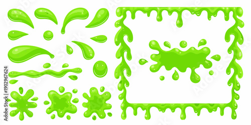 Collection of vibrant green slime drips splatters and flowing shapes