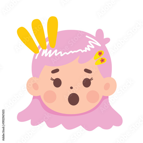 Surprised cartoon girl with pink hair and yellow accessories.