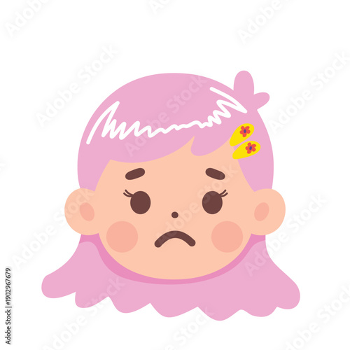Sad cartoon girl with pink hair and flower clip.