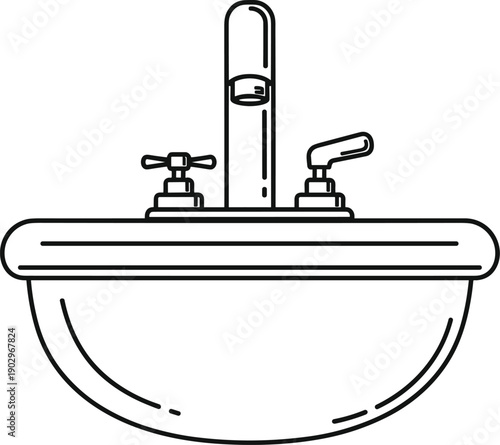 A simple line drawing of a bathroom sink with faucet and taps from a front viewpoint