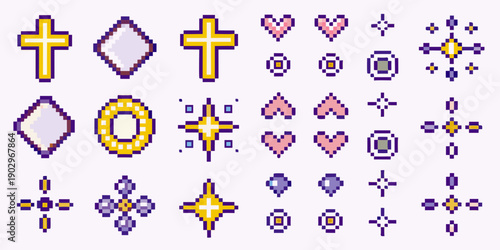 Pixel art religious and decorative symbols arranged in neat rows