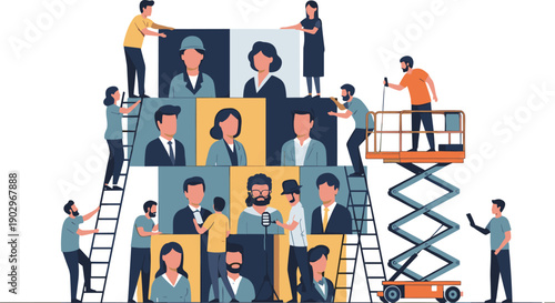 Diverse professionals collaborating on a large puzzle from various heights using ladders and a scissor lift in a vibrant workspace