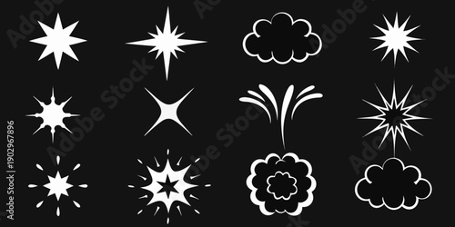 A collection of white starbursts sparkles and cloud like shapes on black