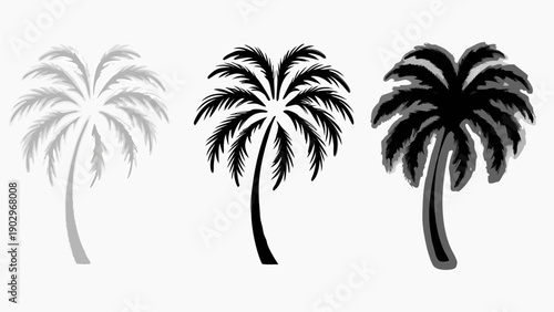 Three stylized palm trees in gray, black, and dark gray tones