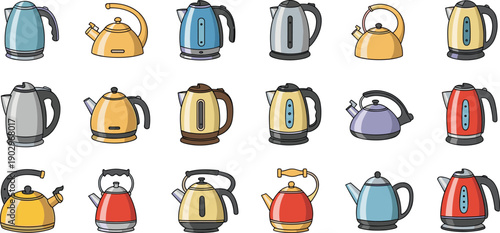 Collection of colorful kettles displayed in a grid pattern on a clean surface from a direct overhead viewpoint