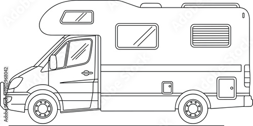 Detailed line drawing of a motorhome parked, viewed from the side, showcasing its features and design