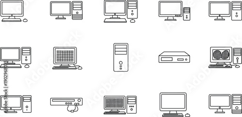 Collection of various computer and electronic devices illustrated in a simple line art style