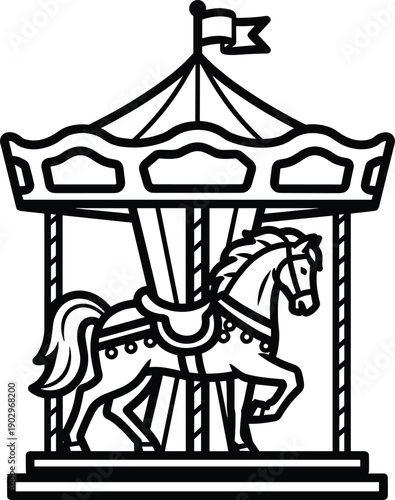 Vintage carousel horse illustration on a classic merry-go-round platform viewed from the side in a nostalgic setting