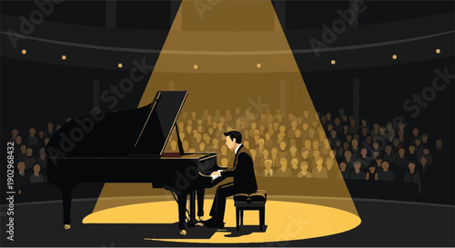 Pianist playing grand piano on stage, spotlighted for audience in concert hall. Captivating illustration of classical music live performance