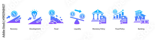 Financial Regulation and Strategy web banner vector illustration featuring Development, Fiscal, Liquidity, Monetary Policy, Fiscal Policy, Banking, and Bear Market.