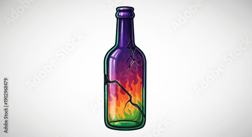 Vibrant digital illustration of a broken bottle filled with colorful, fiery internal flames on
