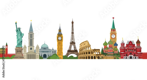 A panoramic illustration showcasing iconic global landmarks from around the world