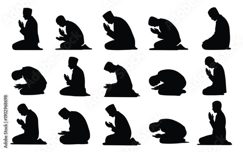 Collection of muslim man silhouettes in various prayer positions on white background illustrating islamic worship and devotion