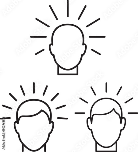 Three stylized black and white line art icons representing people's heads with radiating light, symbolizing ideas