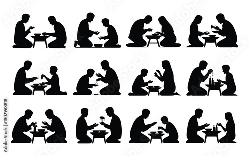 Silhouette of a person sitting and eating at a table in various positions and moods conveying emotions and actions