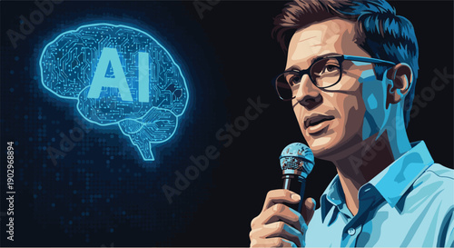 Dynamic presenter illuminates the complexities of artificial intelligence during an engaging conference speech, exploring future technological frontiers and cognitive computing innovations