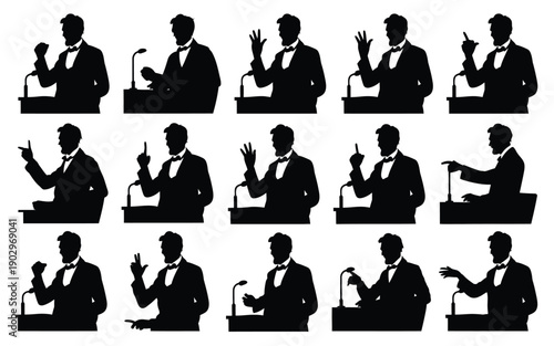 Silhouette of a man in a tuxedo giving a speech in various gestures in front of a podium with a microphone