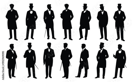 Silhouettes of men in vintage suits and top hats standing in various poses on white background