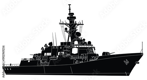 Black and white vector silhouette of a modern naval destroyer warship with radar antennas and weapon systems for military defense and maritime security concepts