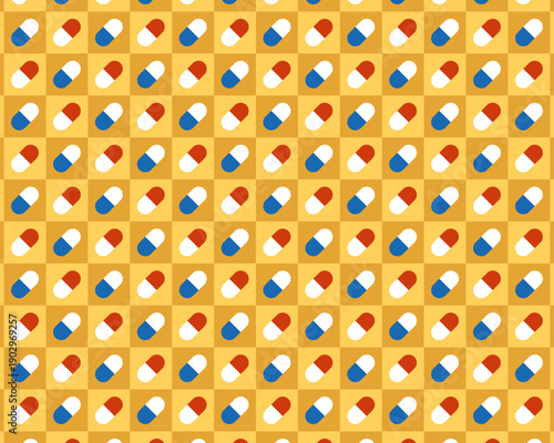 市松模様の背景にカラフルなカプセル剤を並べたシームレスなパターン素材。黄色、赤、青のポップな配色。医療、健康、サプリメント、ドラッグストアの広告や調剤薬局のバナーに最適な高品質ベクターイラスト。